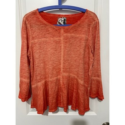 Akemi + Kin Orange Burnout Stripe Peplum Long Sleeve Top Women's M