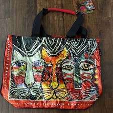 Laurel Burch Shiny Metallic Multicolor Cat Art Tote NEW