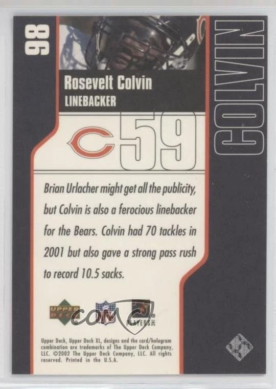 2002 Upper Deck XL Rosevelt Colvin #98 Rookie RC - Image 2 of 2