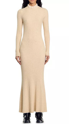 Sandro Elorine Beige Ribbed Knit Sweater Dress - Medium / 38 FR - retail $445