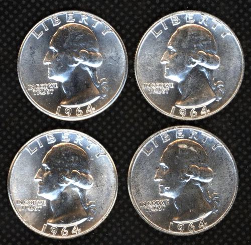 FOUR 1964 90% Silver BU Washington Quarters ~ BRIGHT & SHINY ~ BELOW SPOT