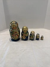 Vintage Wood Russian Nesting Dolls 5 Blue Blossoms Flowers Cute Blue Eyes 6”