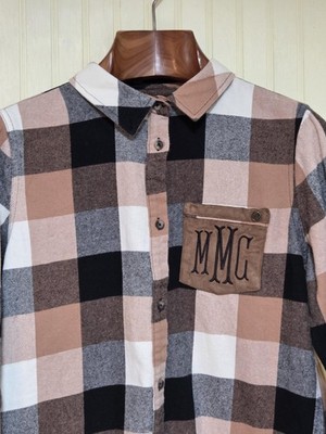 MarleyLilly Shirt Womens Medium Brown Buffalo Plaid Button Front Monogram Tunic