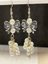 Clear Bow White Pearls Drop Hook Dangle Earrings