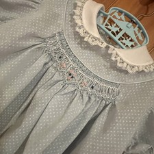 Vintage Polly Flinders Blue Swiss Dot Hand-Smocked Toddler Dress T4