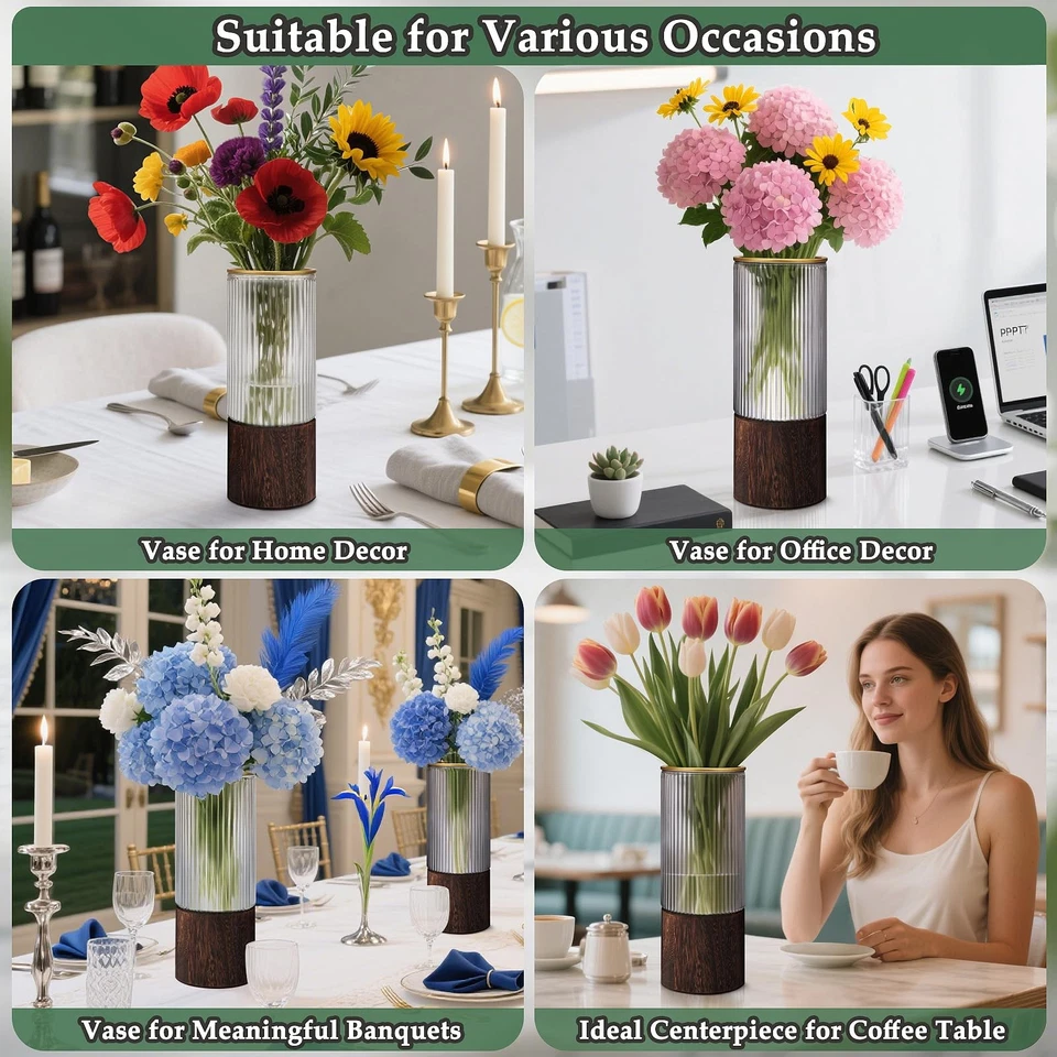 Ribbed Glass Vase Set of 2 Vases for Flowers,10" H Wood Glass Vase with Solid... - Image 3 of 4