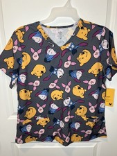 WINNIE THE POOH Women  s L Graphic Scrub Top V-Neck Front Pockets   Charcoal NEW