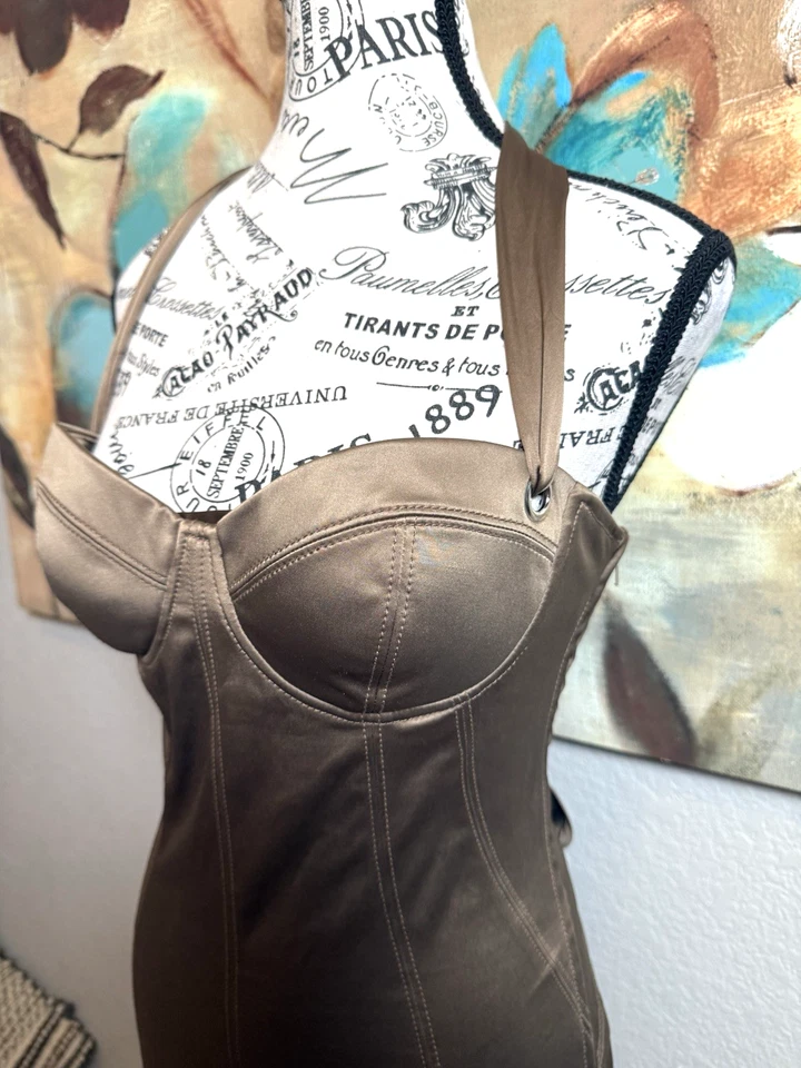 GUESS by Marciano Bronze Satin Bustier Bodycon Midi Dress Corset Back SZ 8 - Image 3 of 4
