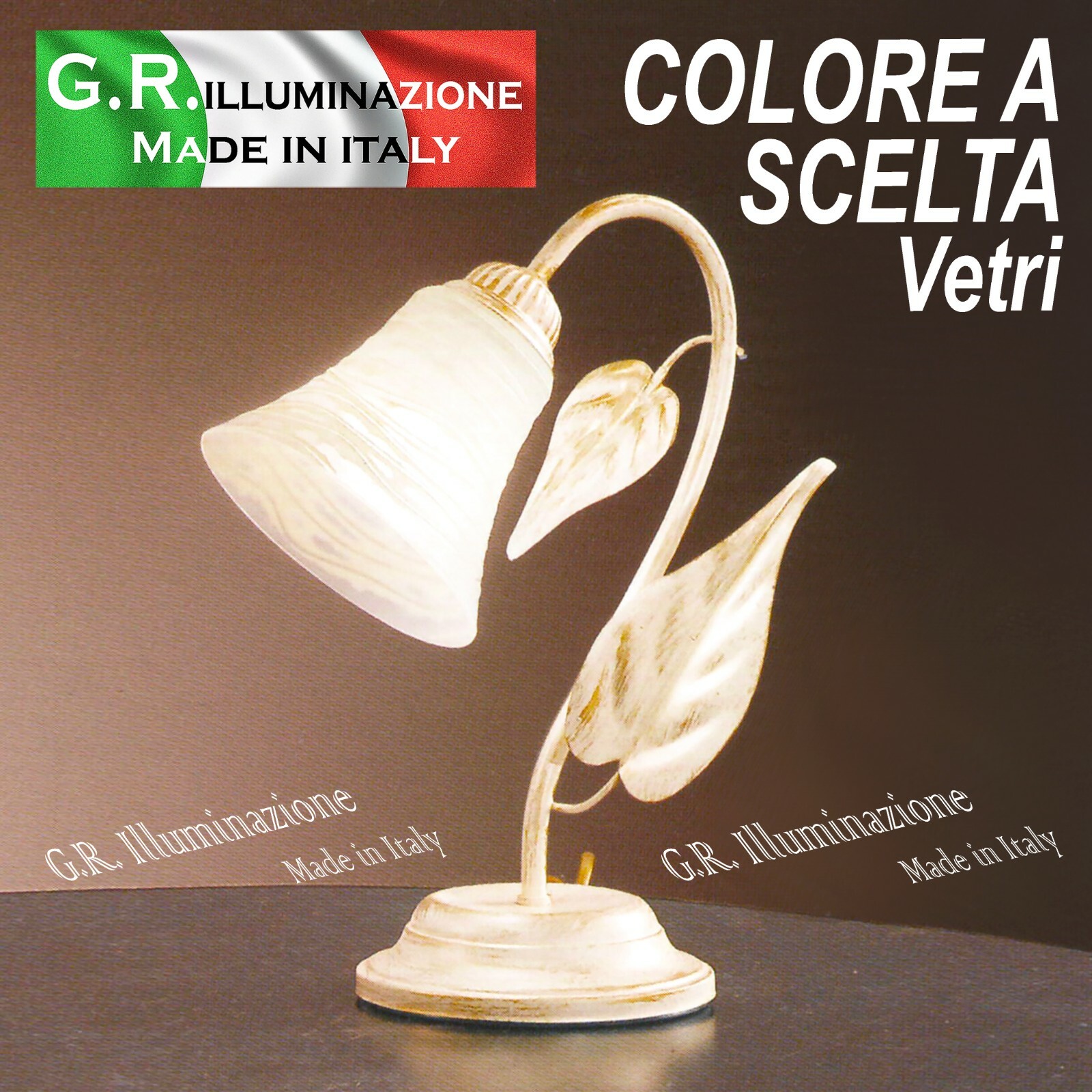 Lampada Comodino Federica Ferro Battuto - Artigianato Italiano Avorio Oro