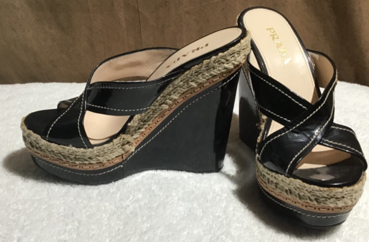Prada Vernice Black Patent Leather Platform Espadrille Logo Wedge Size 36.5 image 3
