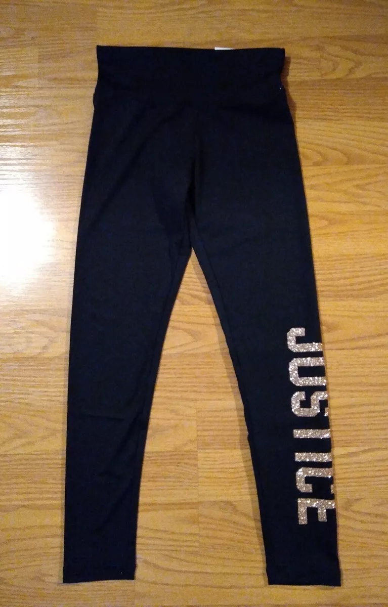 JUSTICE Girls Pants Leggings Size 8 Full Length Black Gold Glitter