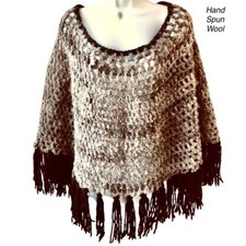 Poncho Cape Hand Crocheted Boho Tassels Fringe Brown HAND SPUN WOOL Womens Large