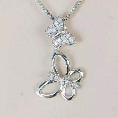 Round Simulated Diamond 925 Silver Women Butterfly Pendant 14k White Gold Plated