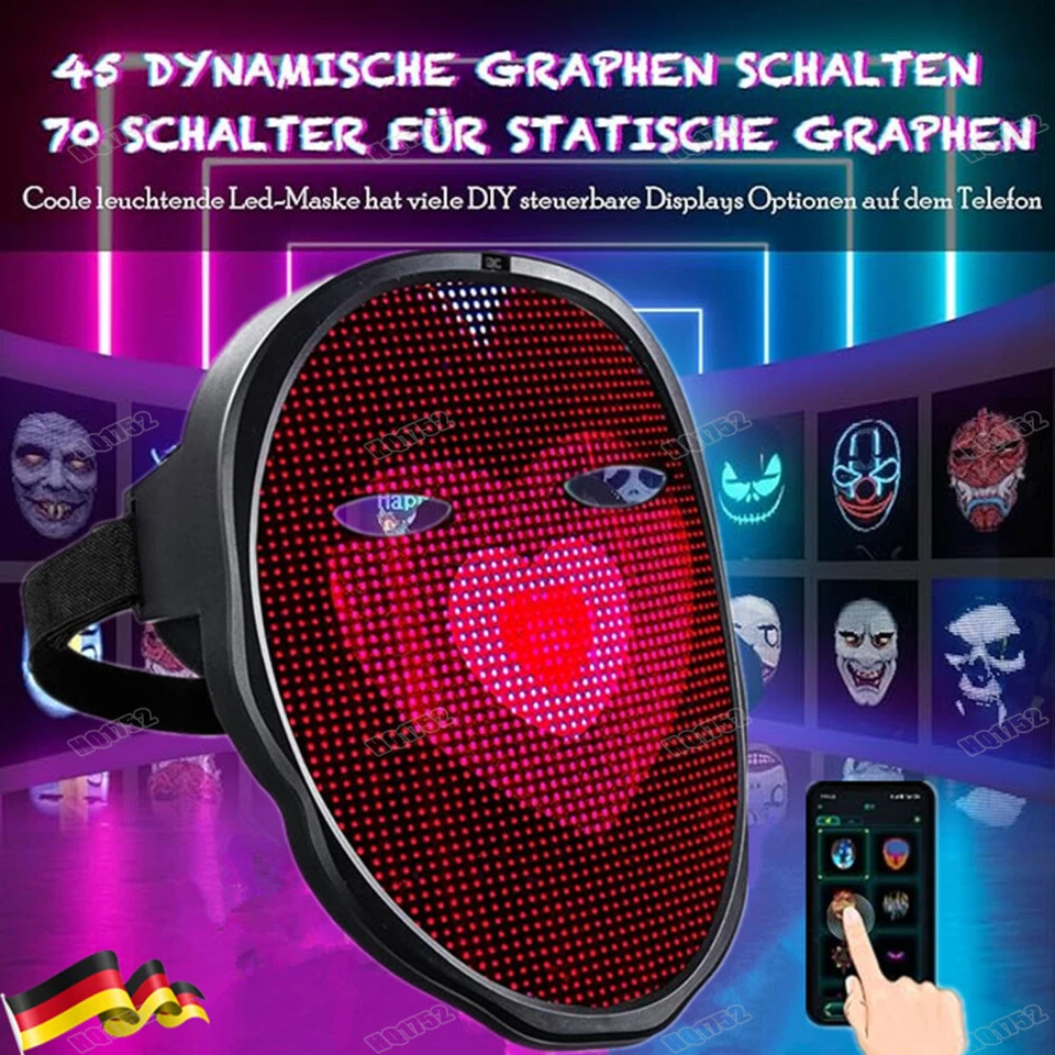 Bluetooth LED Maske Programmierbar App Party Halloween LED Beleuchtung Maske -