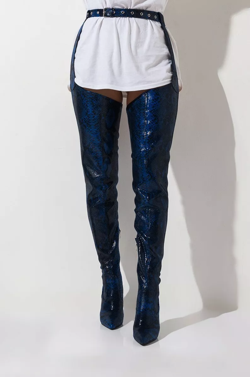 9 BELTED THIGH STILETTO CHAP BOOT CROTCH SEXY BOOTS BLUE SNAKE NIB