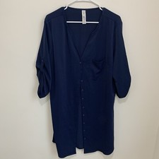 Plus Size Dress V-neck 3/4 Sleeve Button Front Sz XL Belted Roll Tab Sleeve Blue