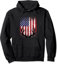 Deer Hunting American Flag Whitetail Buck Antlers Unisex Hooded Sweatshirt