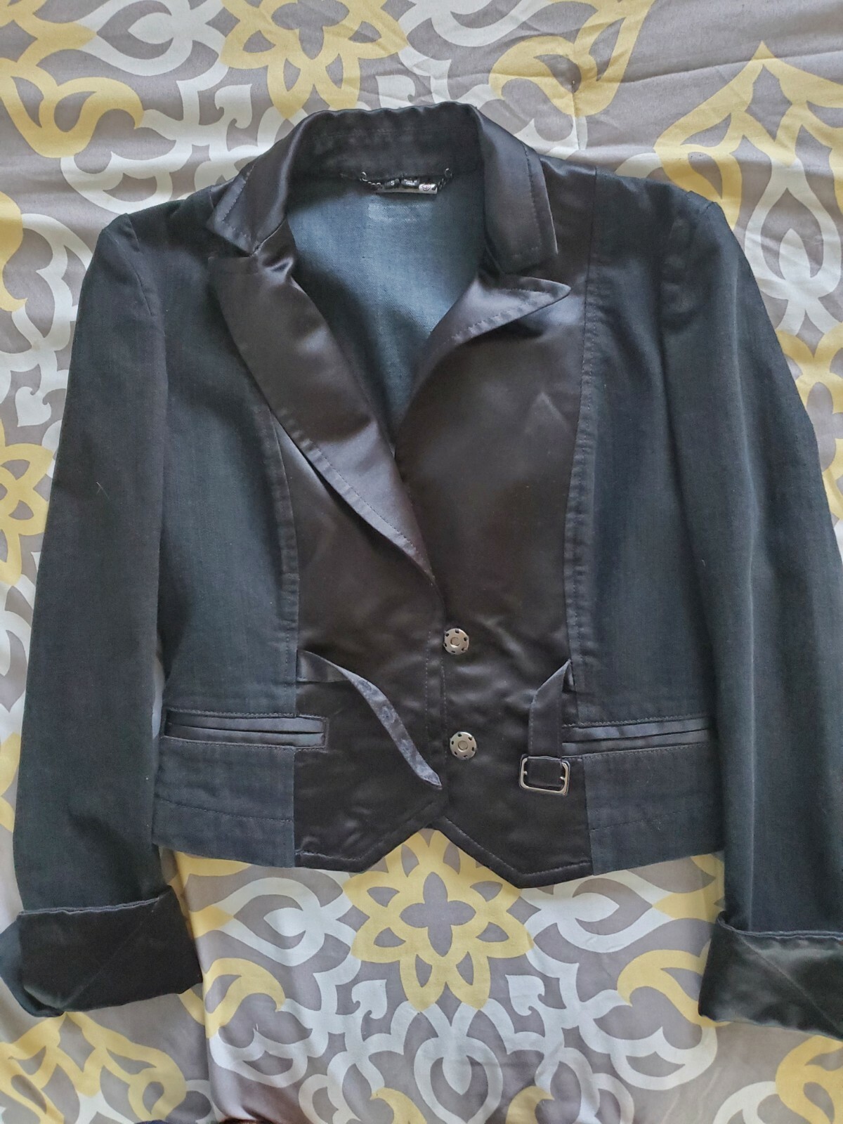 Theory Womens Black Denim Satin Crop Jacket Size S - image 3