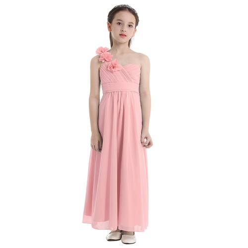Flower Girl Long Dress One-shoulder Princess Maxi Wedding Bridesmaid Formal Gown - Picture 15 of 59