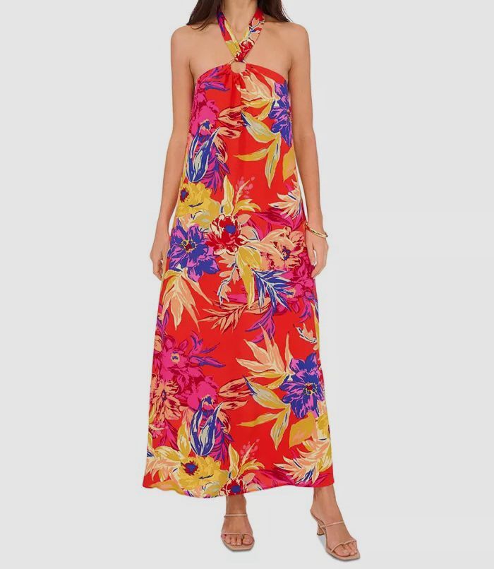 Msk Women's Floral Halter O-Ring Tie-Back Maxi Dress - Poppy Red