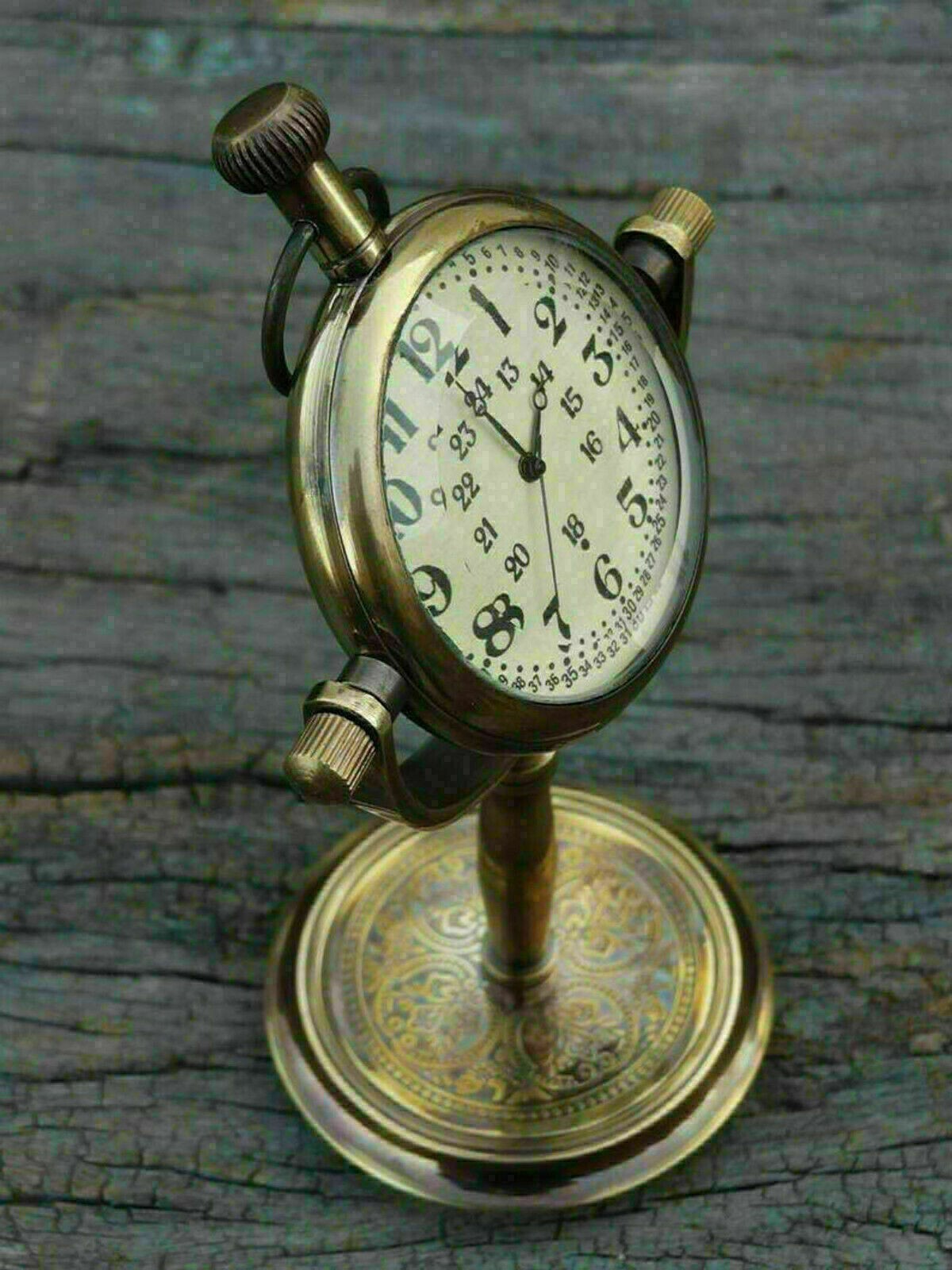 Antique vintage style brass clock handmade home decor with wooden tripod stand