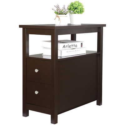 Chairside End Table with 2-Drawer & Shelf Narrow Home Decor Brown