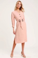 Lulu’s Gwendolen Blush Pink Belted Midi Shift Dress 3/4 Length Sleeves Size XS