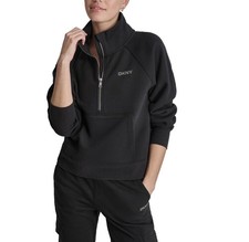 DKNY Women s Embellished Logo 1/2 Zip Mock Neck Sweatshirt - Black - Medium