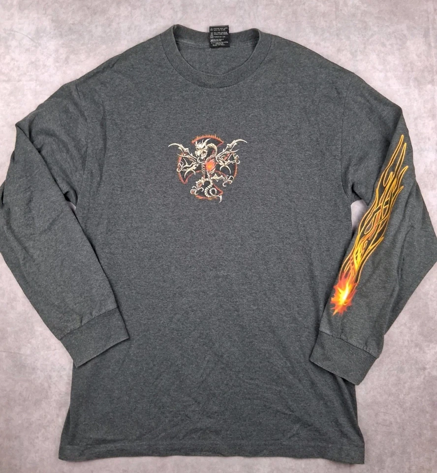 Camisa Top Pesada De Colección Hombres L Manga Larga Estampado Gráfico Llamas Y2K Dragón Patinador Foto 3 de 4