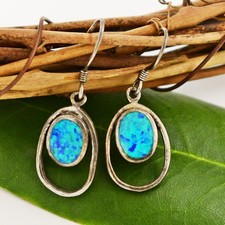 Sterling Silver 925 Blue Fire Opal Gemstone Dangle/Drop Earrings