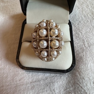 Vintage Avon Ring Poison Ring of Pearls Statement Faux Pearl Gold Tone Signed
