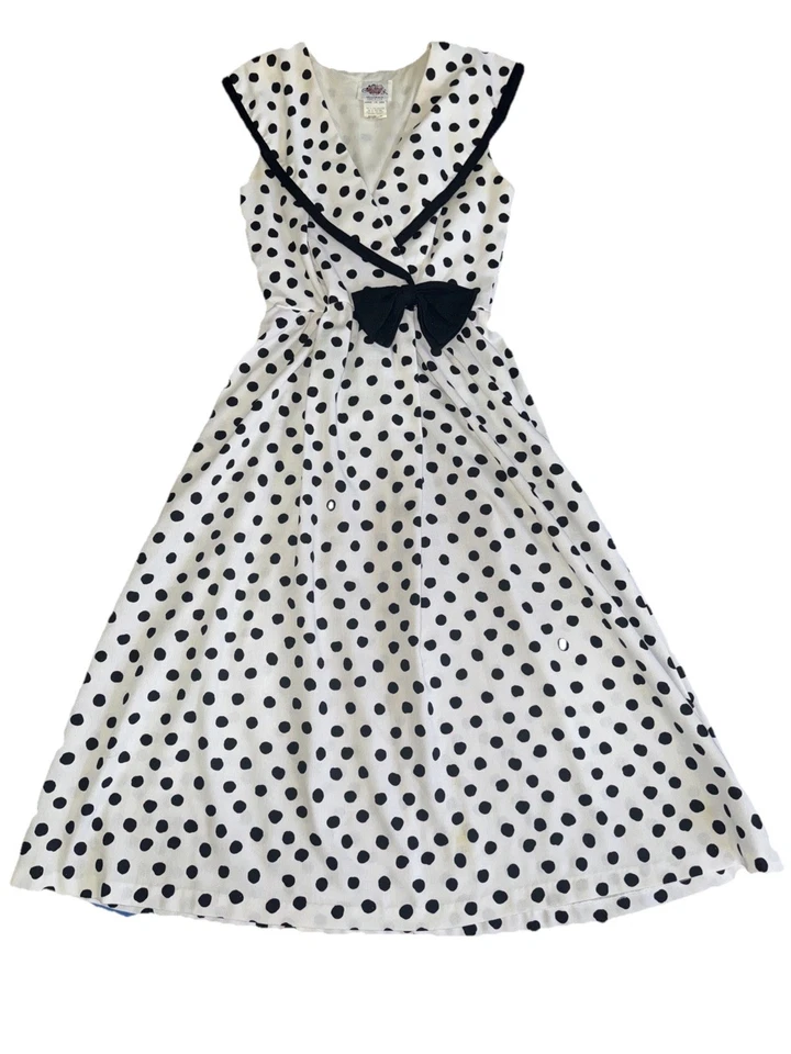 80-х Lanz в горошек платье большой моряк воротник бант платье сад вечеринки сарафан - Изображение 3 из 4