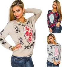 Damen Pullover Strick Rundhals Lurex Damast L...