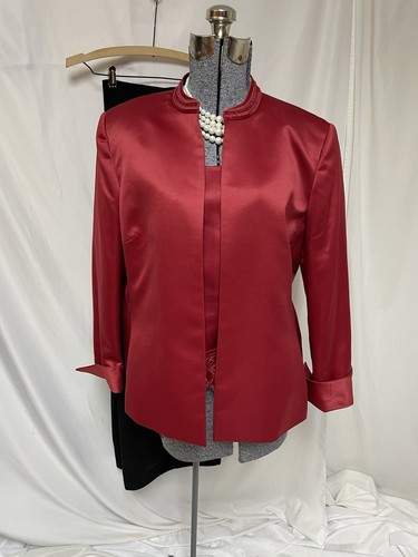 Kasper Pant Suit Size 18 Three Piece Set Red Embellished Shine Black Side Zip - Picture 4 of 24