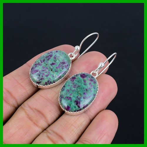 Sterling Silver Ruby Fuchsite Stone Bezel Trendy Dangle Drop Earrings Jewelry - Picture 3 of 11