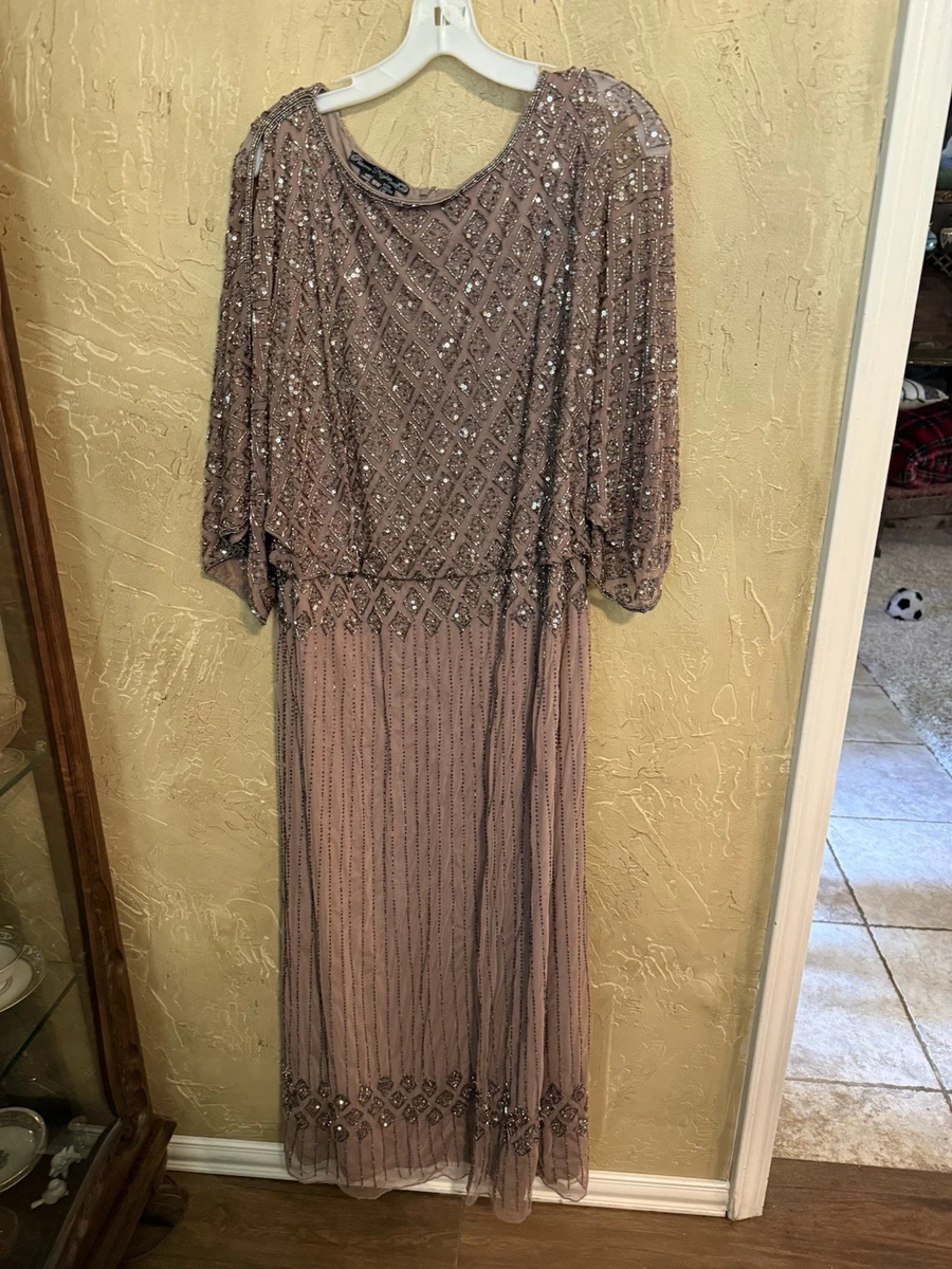 pisarro nights 3 4 sleeve beaded dress Pissaro Nights Beaded V Neck Mesh 3/4 Sleeve