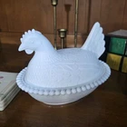 Vintage White Milk Glass Indiana Hen on Nest with Slotted beads and Stipple base