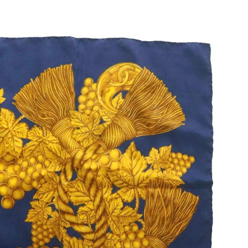 Chanel Scarf Large Size Pattern Coco Mark Logo Navy Blue Gold Women's Authentic thumbnail 6