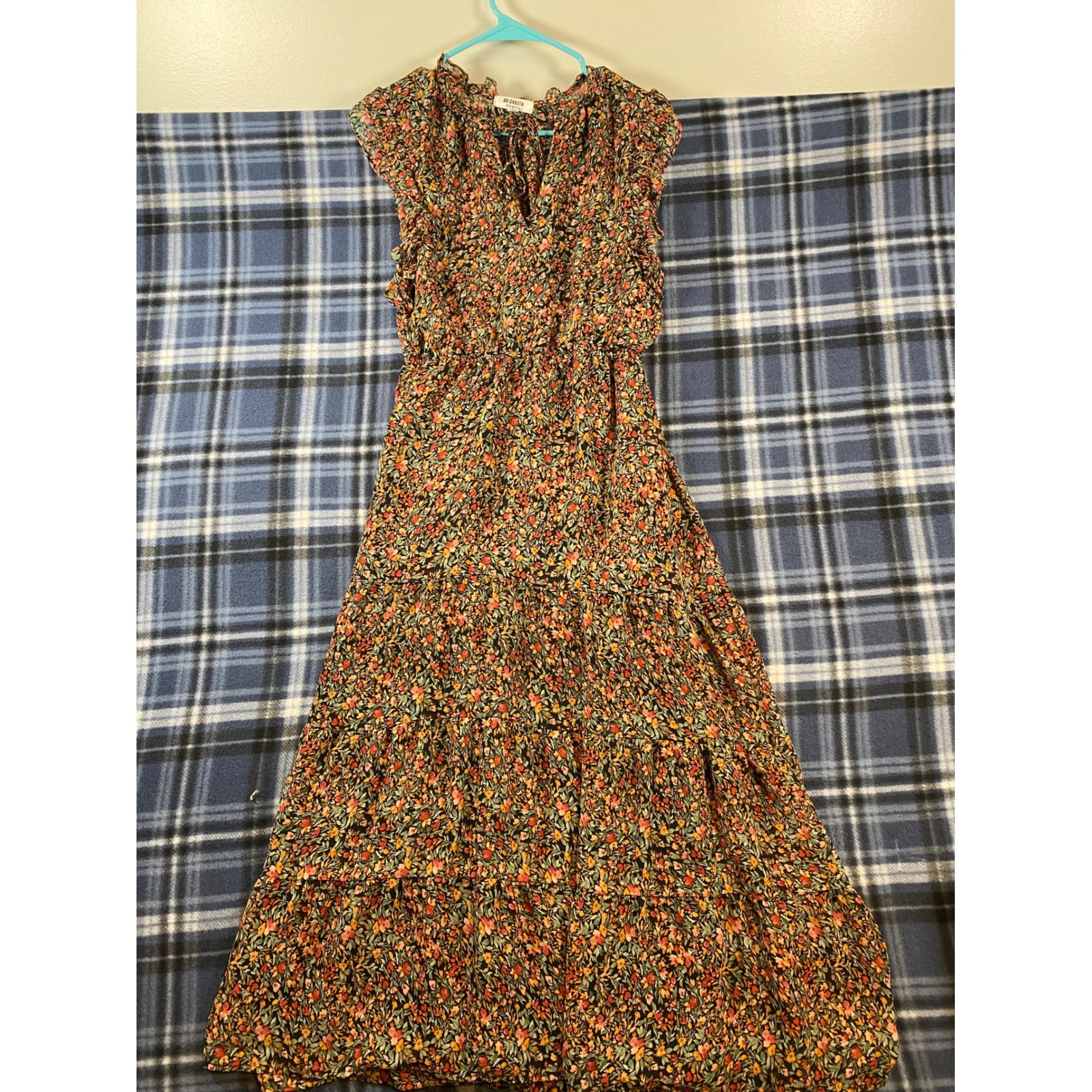BB Dakota Steve Madden Floral Ruffle Tiered Midi Dress XS Black Multicolor Boho
