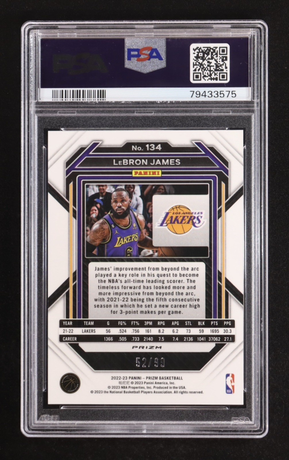 2022-23 Prizm #134 LeBron James PURPLE PRIZM /99 PSA 9 view 2
