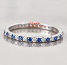 Natural Sapphire Gemstone And Zircon 925 Sterling Silver Pretty Women Band Ring