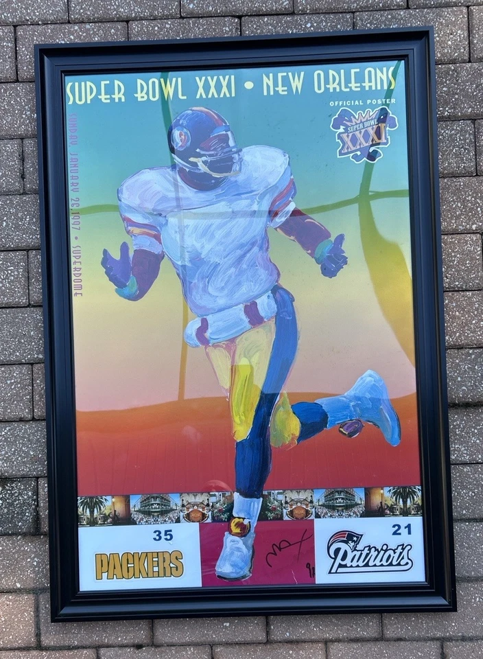 彼得·麦克斯签名超级碗 XXXI 海报 27x39 带框包装工爱国者队 1991 — 第 2/4 张图片