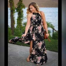 Lulus Feel the music navy blue floral Strappy maxi dress M NWT Wedding Guest