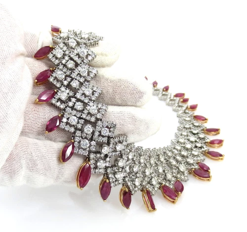 Estate 41.0ct Ruby 27.0ct Diamond Platinum & 18K Yellow Gold Fringe Necklace - Picture 7 of 8