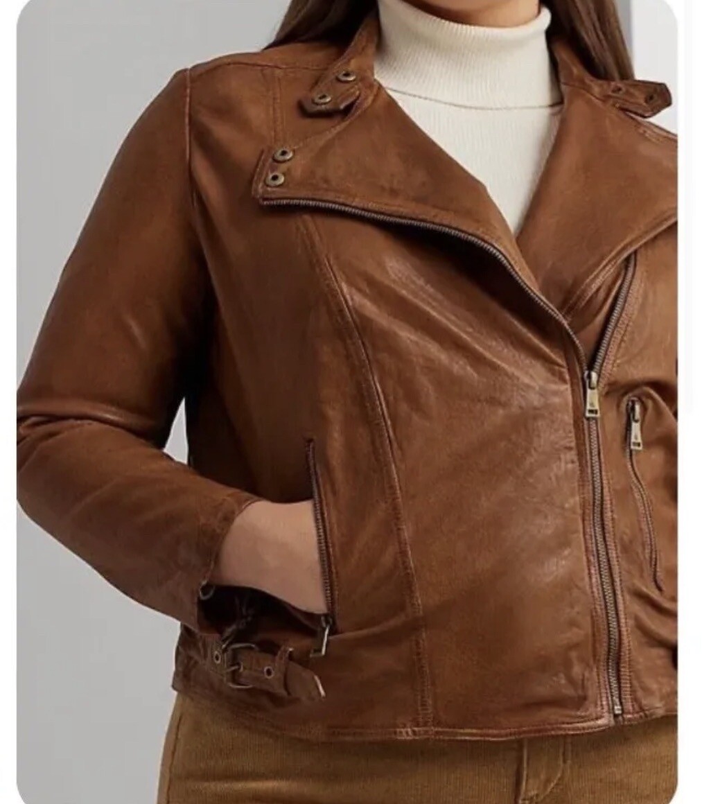 ジャケット・アウター Ralph Lauren lamb leather jacket size 2 Lauren Ralph Lauren Lambskin Leather Long Sleeve Moto