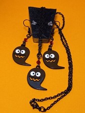 GHOST Halloween Necklace 20" chain w/ Ghost Dangle Earrings SET MATCHING spooky