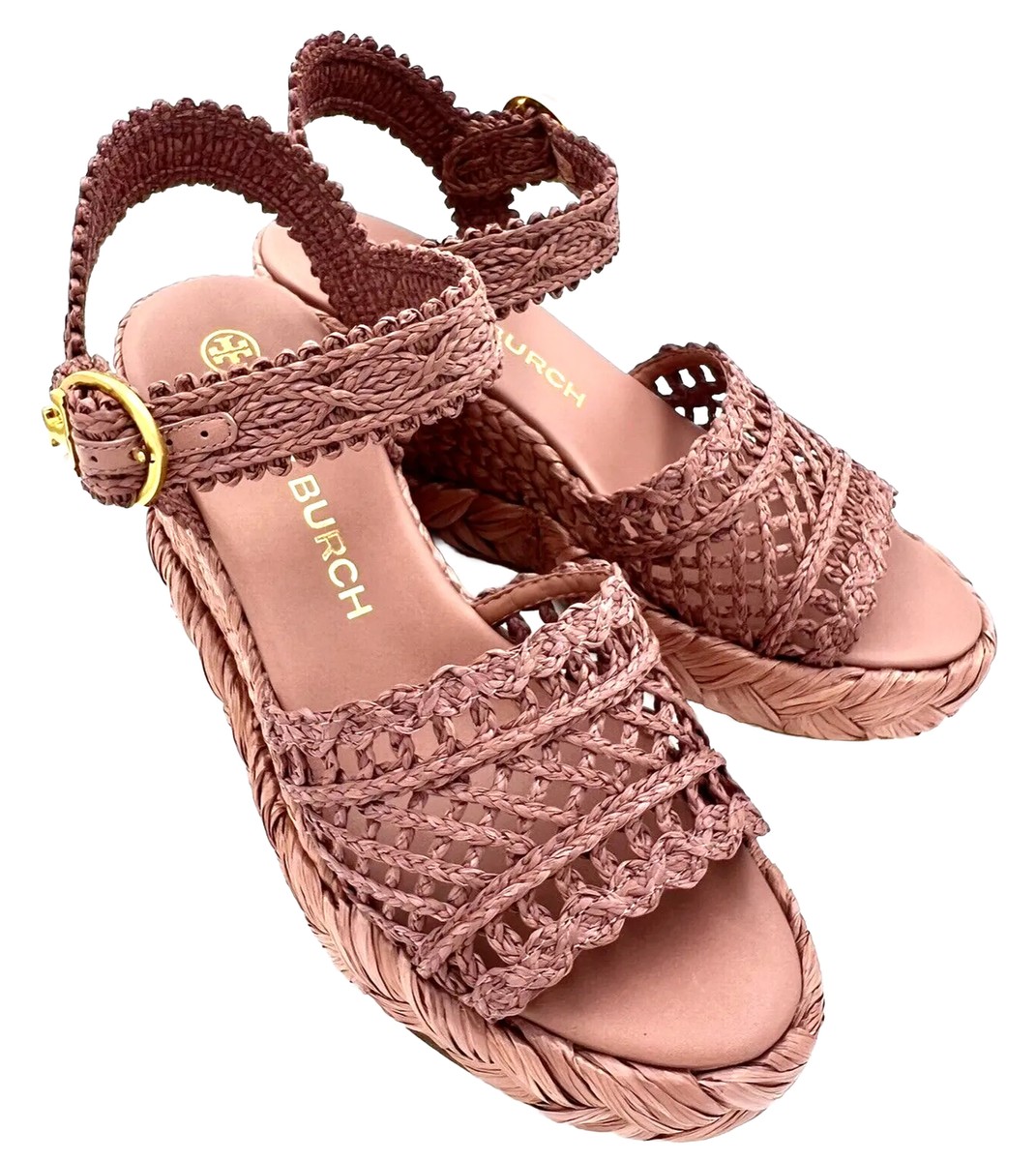 TORY BURCH WEDGE ESPADRILLE SANDAL WOVEN RAFFIA PINK