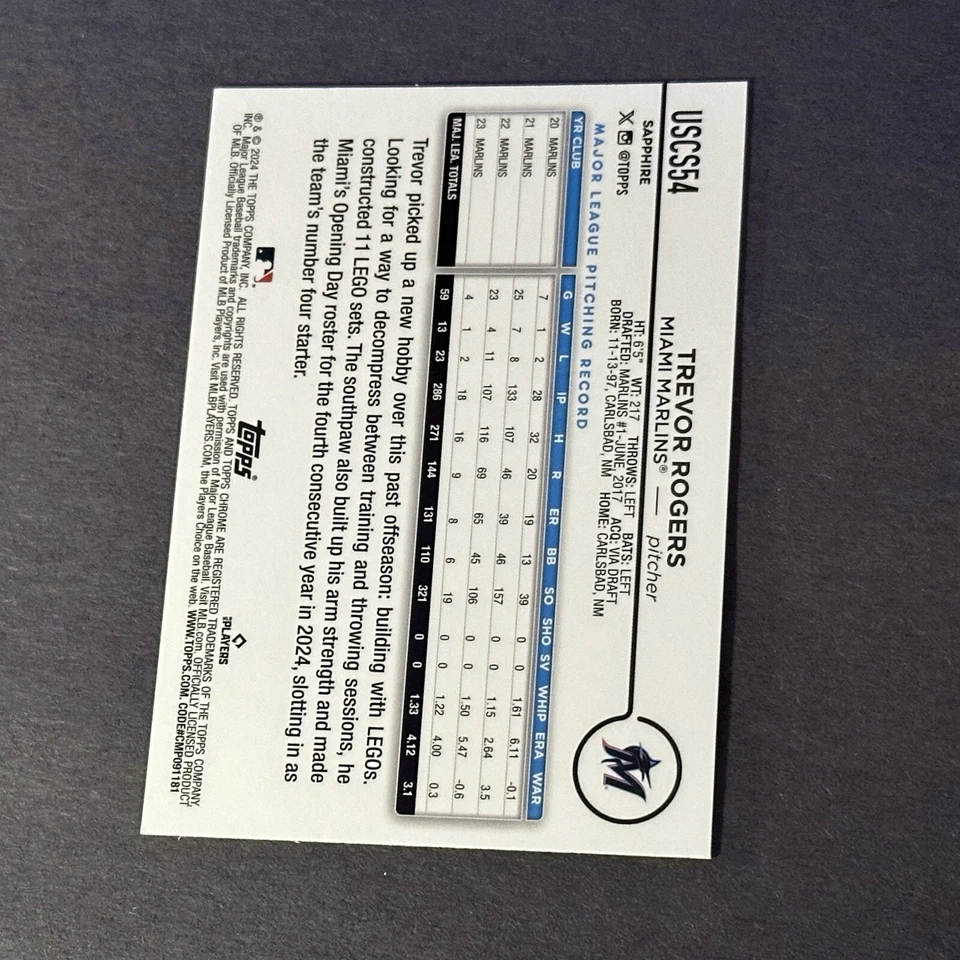 2024 Topps Chrome Update Sapphire Edition Trevor Rogers Miami Marlins USCS54 - Image 2 of 2