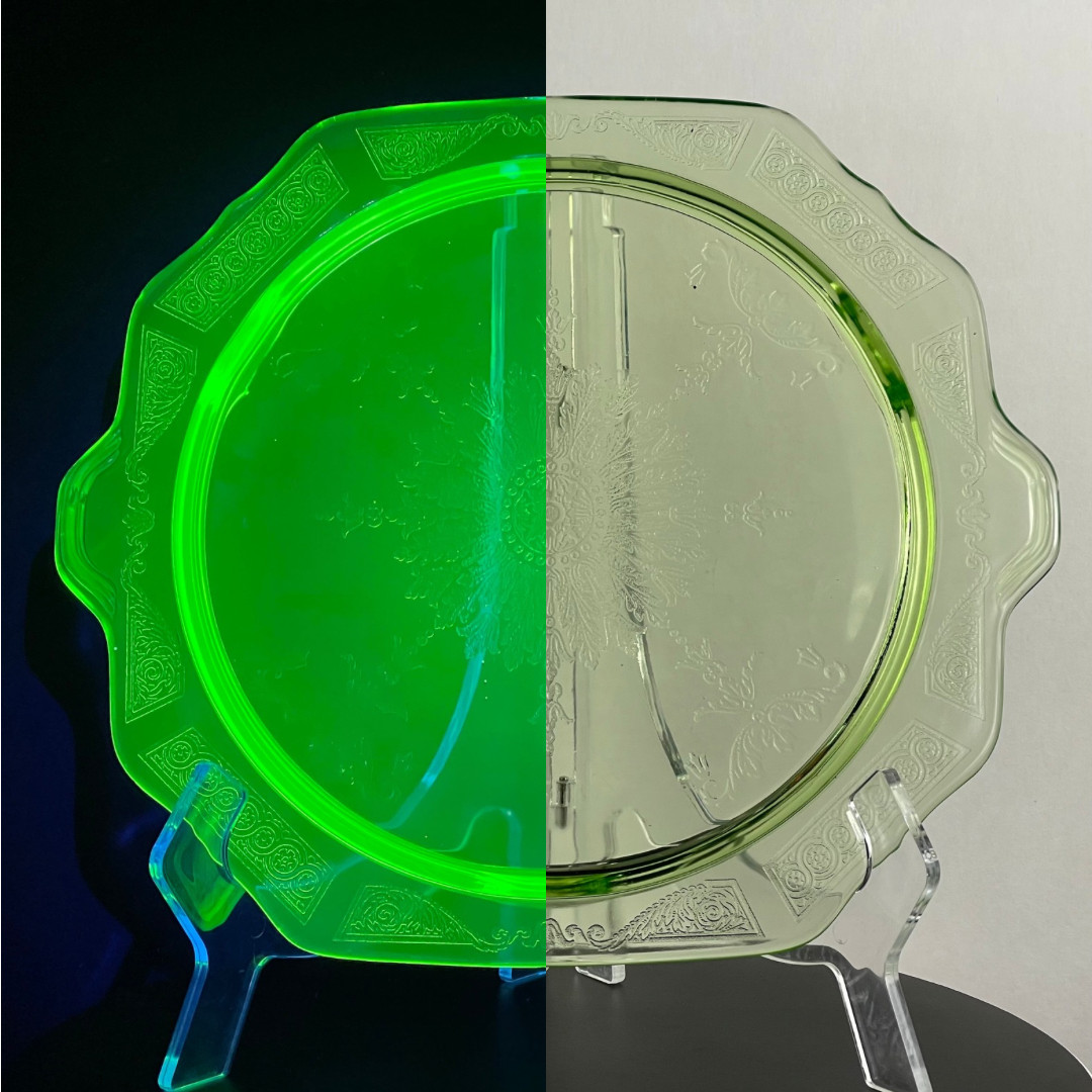 Vtg Princess Green Uranium Depression Glass 3 Footed Cake Plate