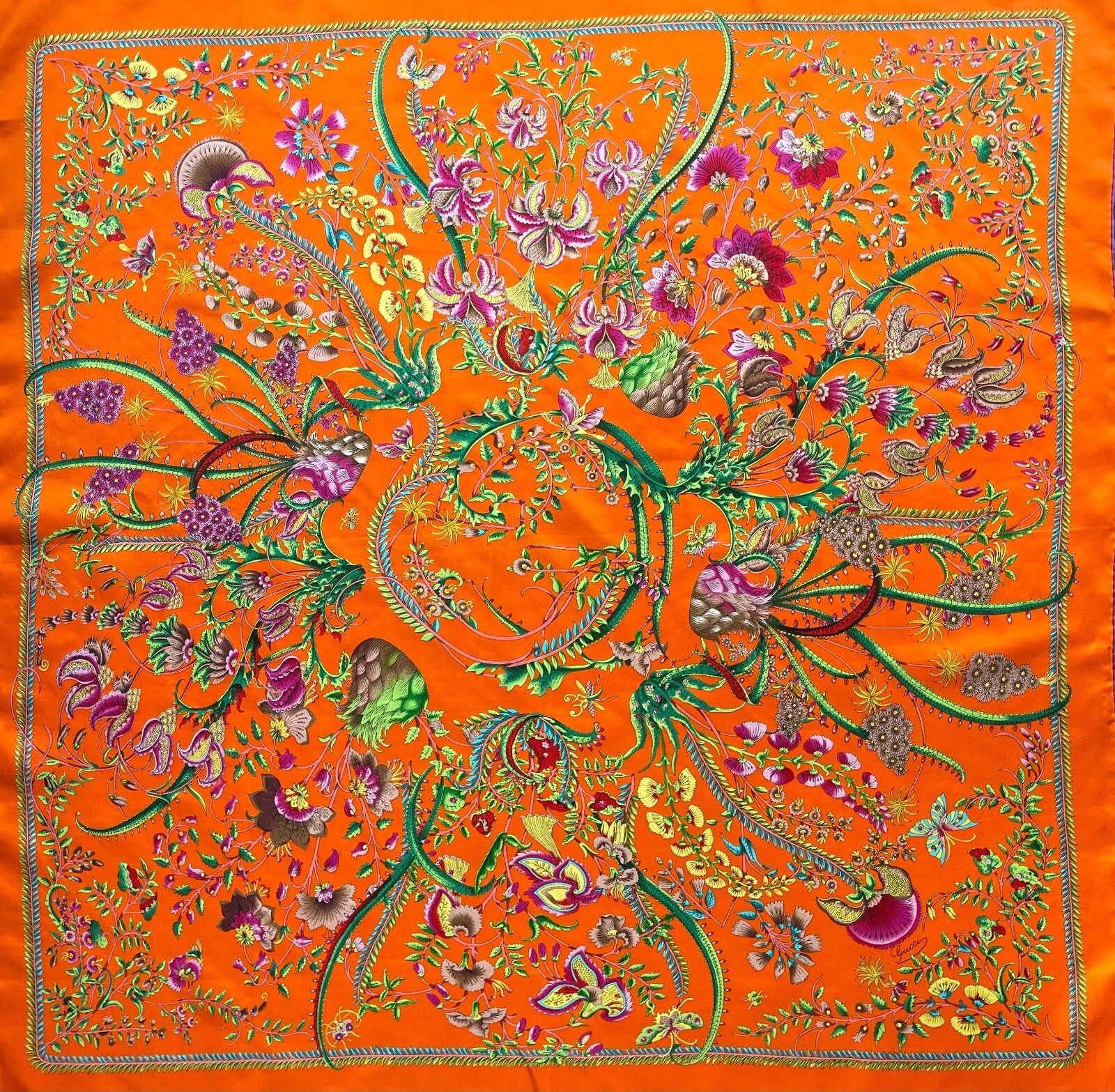 Écharpe unisexe multicolore orange enveloppée de soie logo imprimé flore